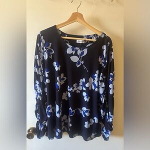 Calvin Klein Relaxed Blue and White Ruched Sleeve Blouse
